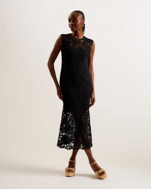 Black Women Ted Baker Corha Floral Crochet Sleeveless Dress | T-968437