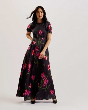 Black Women Ted Baker Loceie Puff Sleeve Printed Dress | T-230946