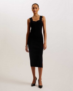 Black Women Ted Baker Sharmay Scallop Detail Midi Knit Dress | T-170896