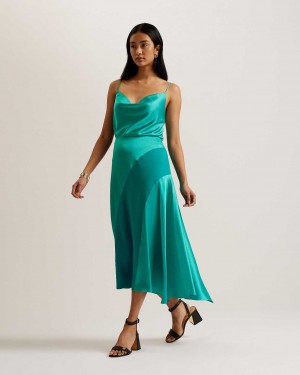 Green Women Ted Baker Bolsena Asymmetric Satin Midi Skirts | T-069528