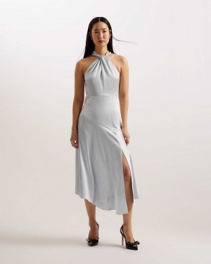 Light Grey Women Ted Baker Masae Twist Neck Satin Asymmetric Dress | T-078624