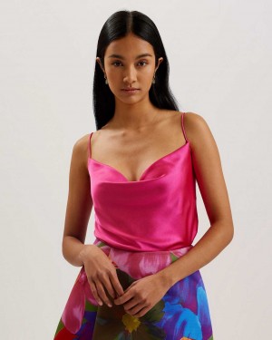 Pink Women Ted Baker Kiti Satin Cowl Neck Cami Tops | T-573902