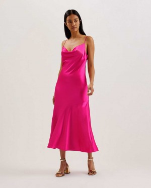 Pink Women Ted Baker Tunca Satin Cowl Neck Evening Dress | T-671920