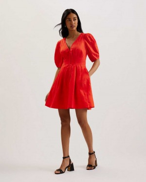 Red Women Ted Baker Koyo Linen Puff Sleeve Dress | T-853601