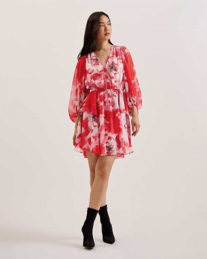 Red Women Ted Baker Leyna Printed Tie Front Long Sleeve Dress | T-348261