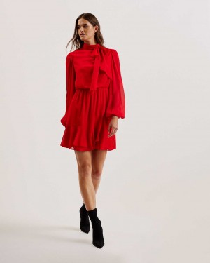 Red Women Ted Baker Zebrina Neck Tie Detail Long Sleeve Dress | T-193408