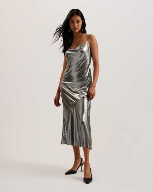 Silver Women Ted Baker Limern Cowl Neck Bias Cut Lurex Dress | T-345706