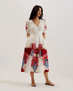 White Women Ted Baker Happa Linen Printed Puff Sleeve Dress | T-057432