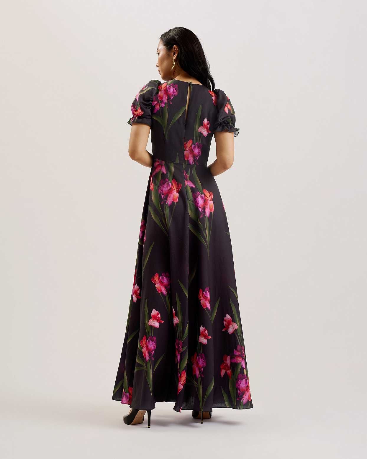 Black Women Ted Baker Loceie Puff Sleeve Printed Dress | T-230946