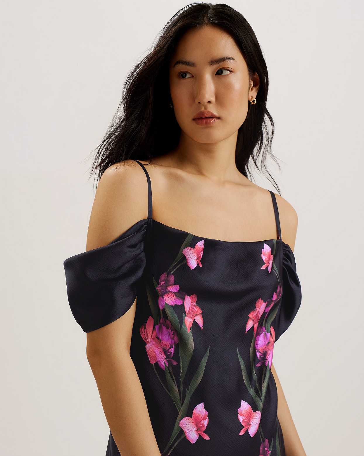 Black Women Ted Baker Lucern Satin Off the Shoulder Dress | T-049265