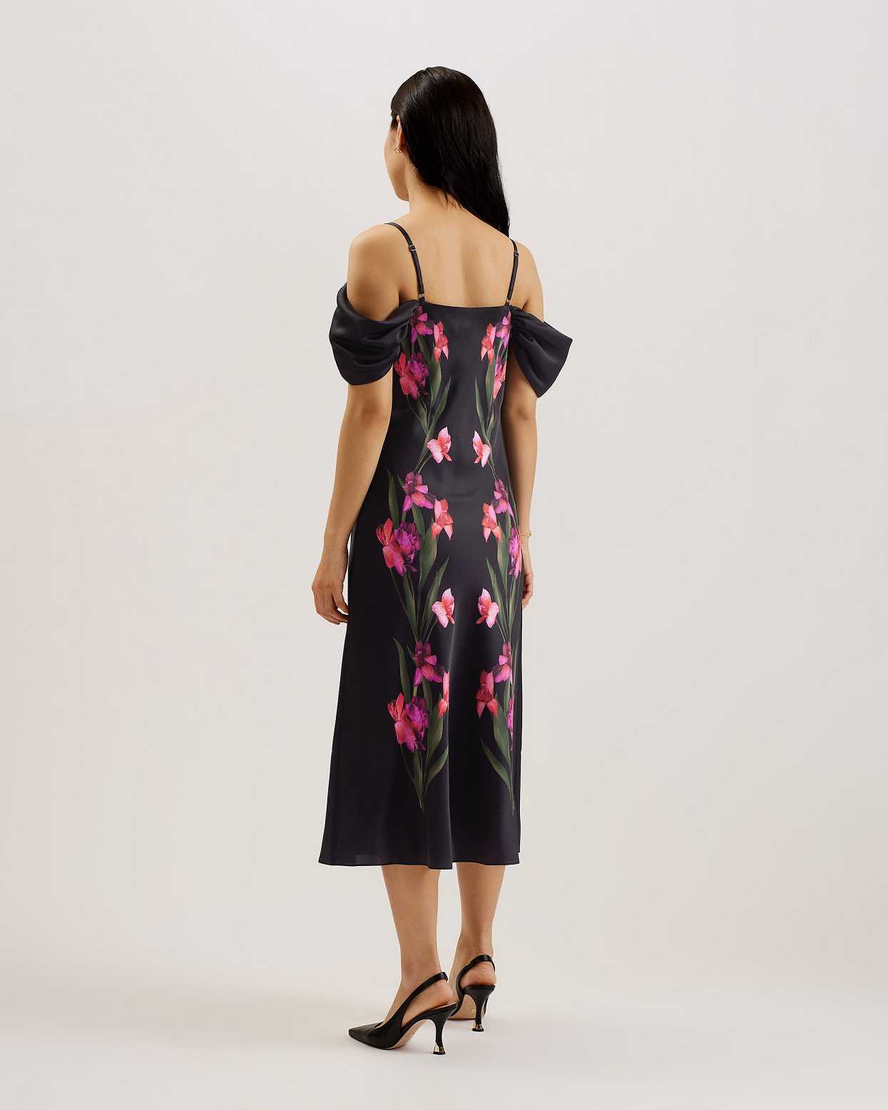 Black Women Ted Baker Lucern Satin Off the Shoulder Dress | T-049265