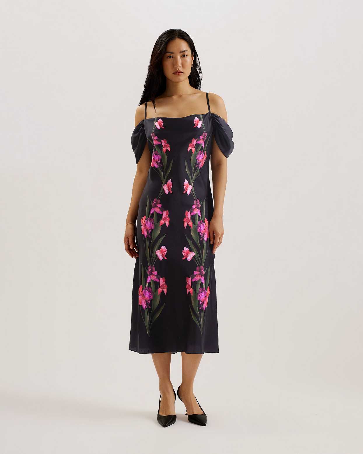 Black Women Ted Baker Lucern Satin Off the Shoulder Dress | T-049265