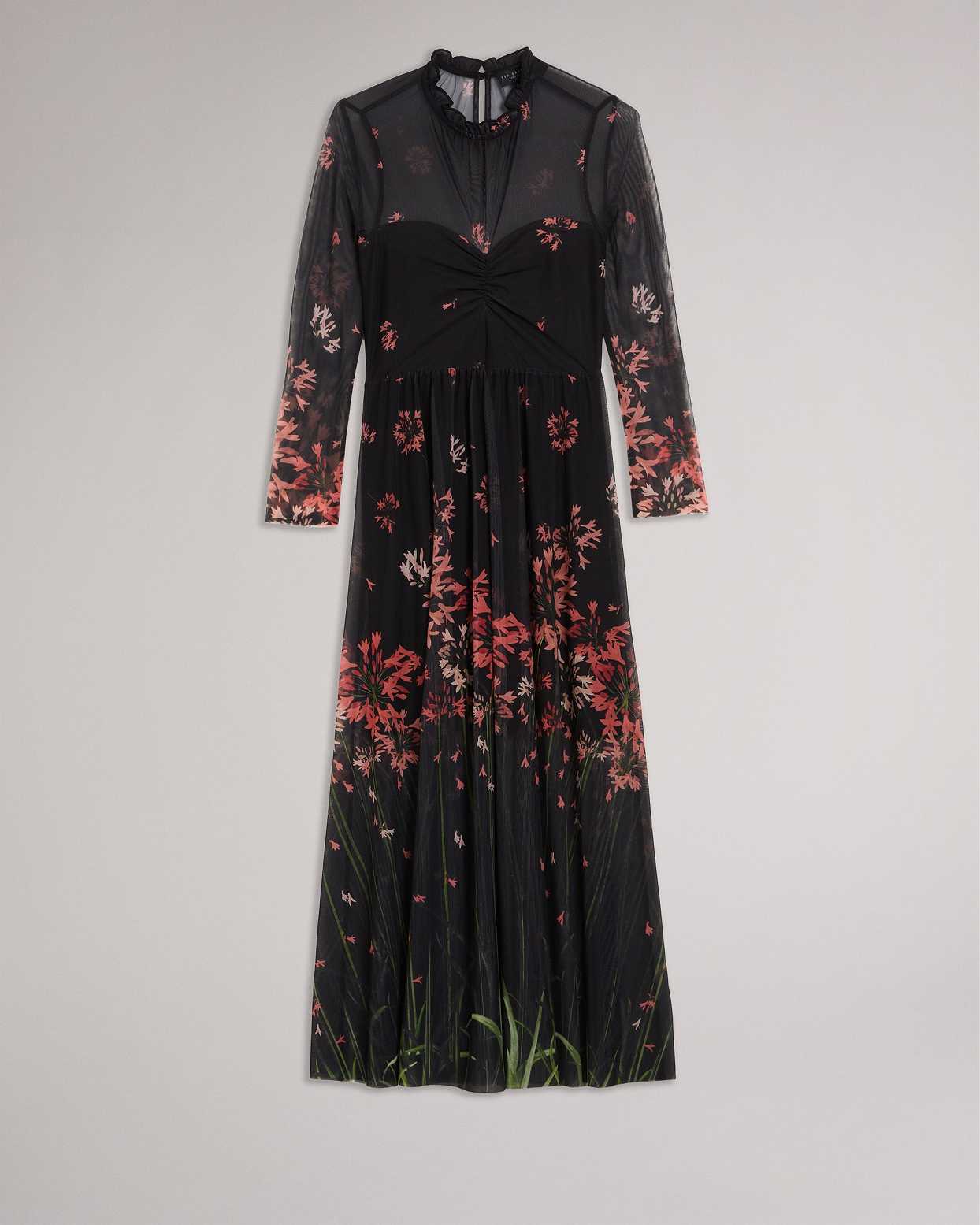 Black Women Ted Baker Susenaa Floral Mesh Midaxi Dress | T-389456