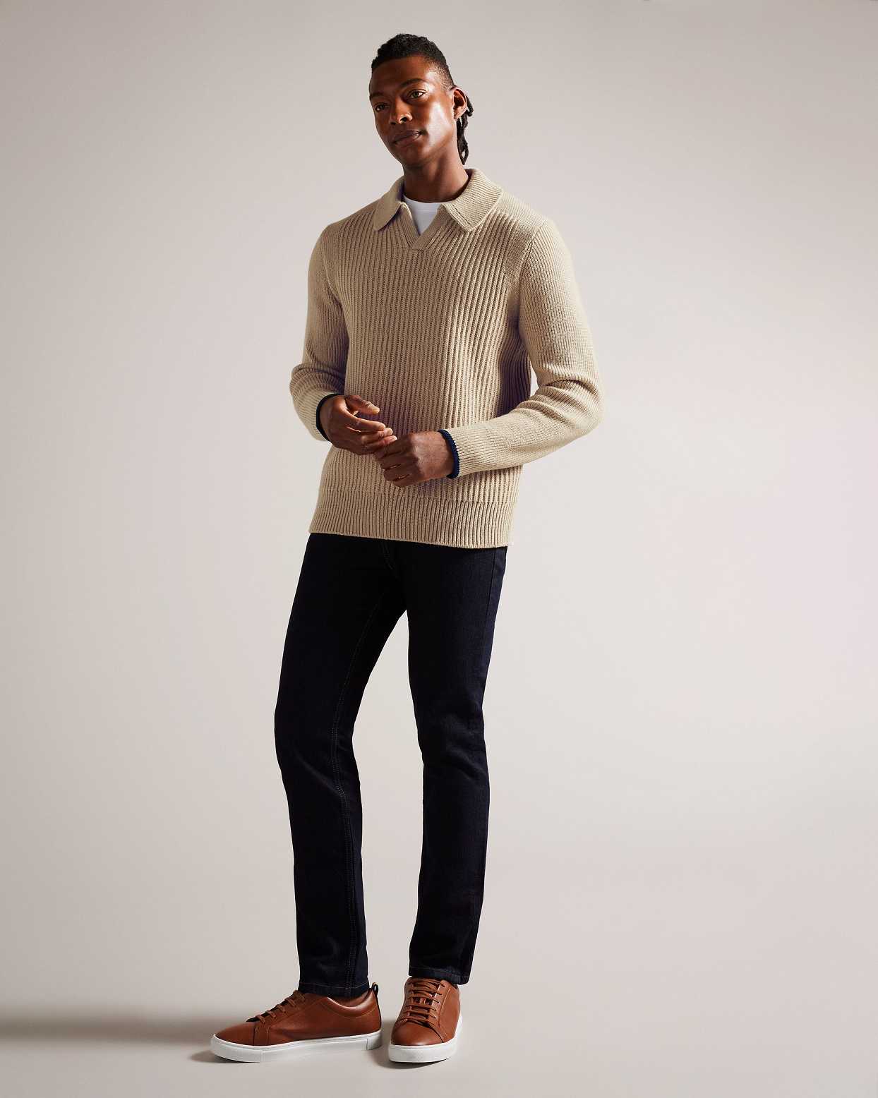 Grey Brown Men Ted Baker Ademy Ribbed Knit Polo Neck Jumper | T-705142