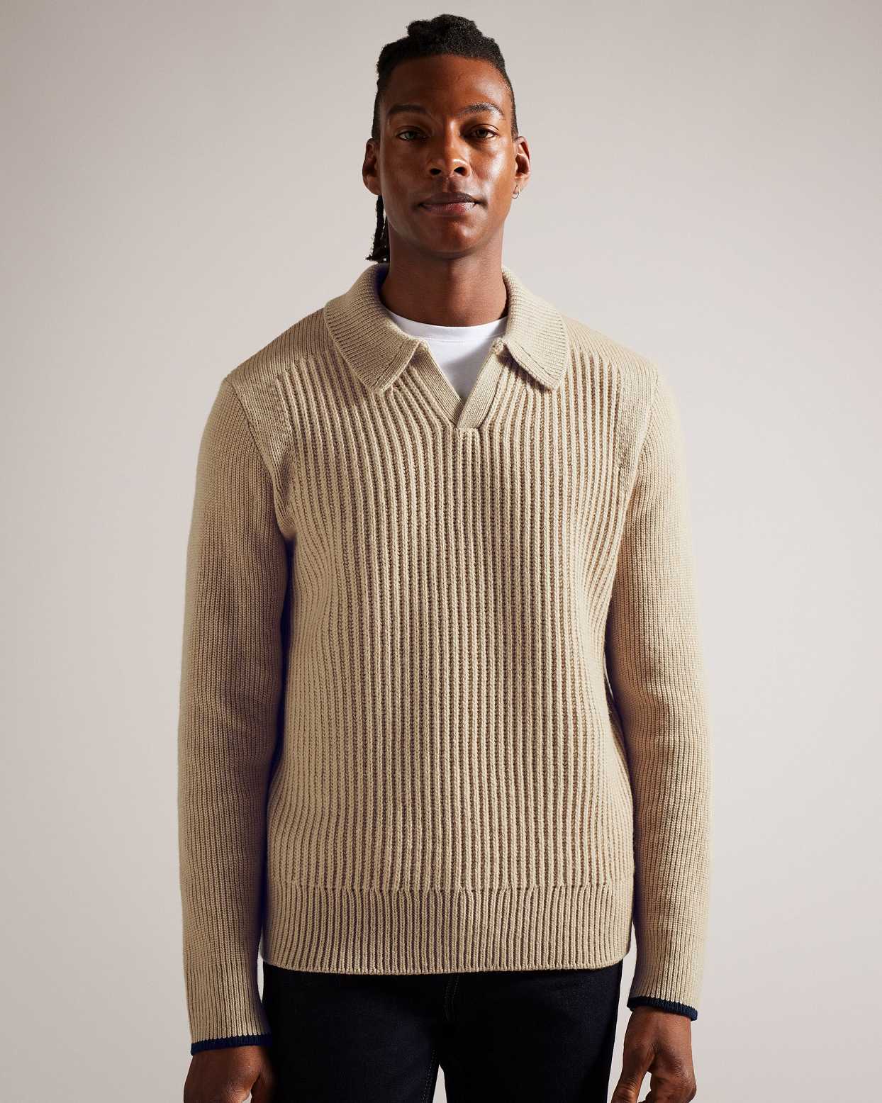 Grey Brown Men Ted Baker Ademy Ribbed Knit Polo Neck Jumper | T-705142