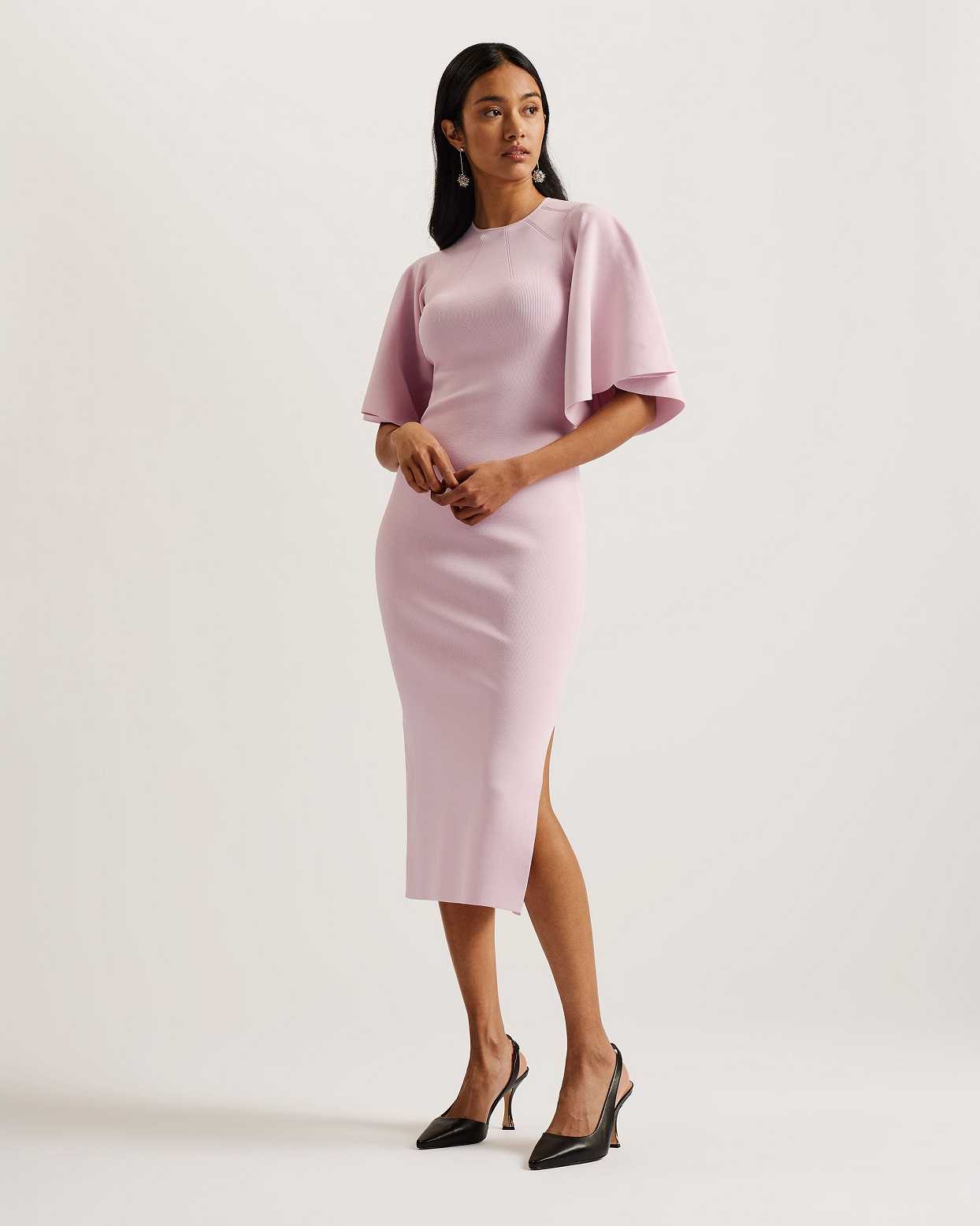 Light Pink Women Ted Baker Lounia Fluted Sleeve Knitted Bodycon Dress | T-892751