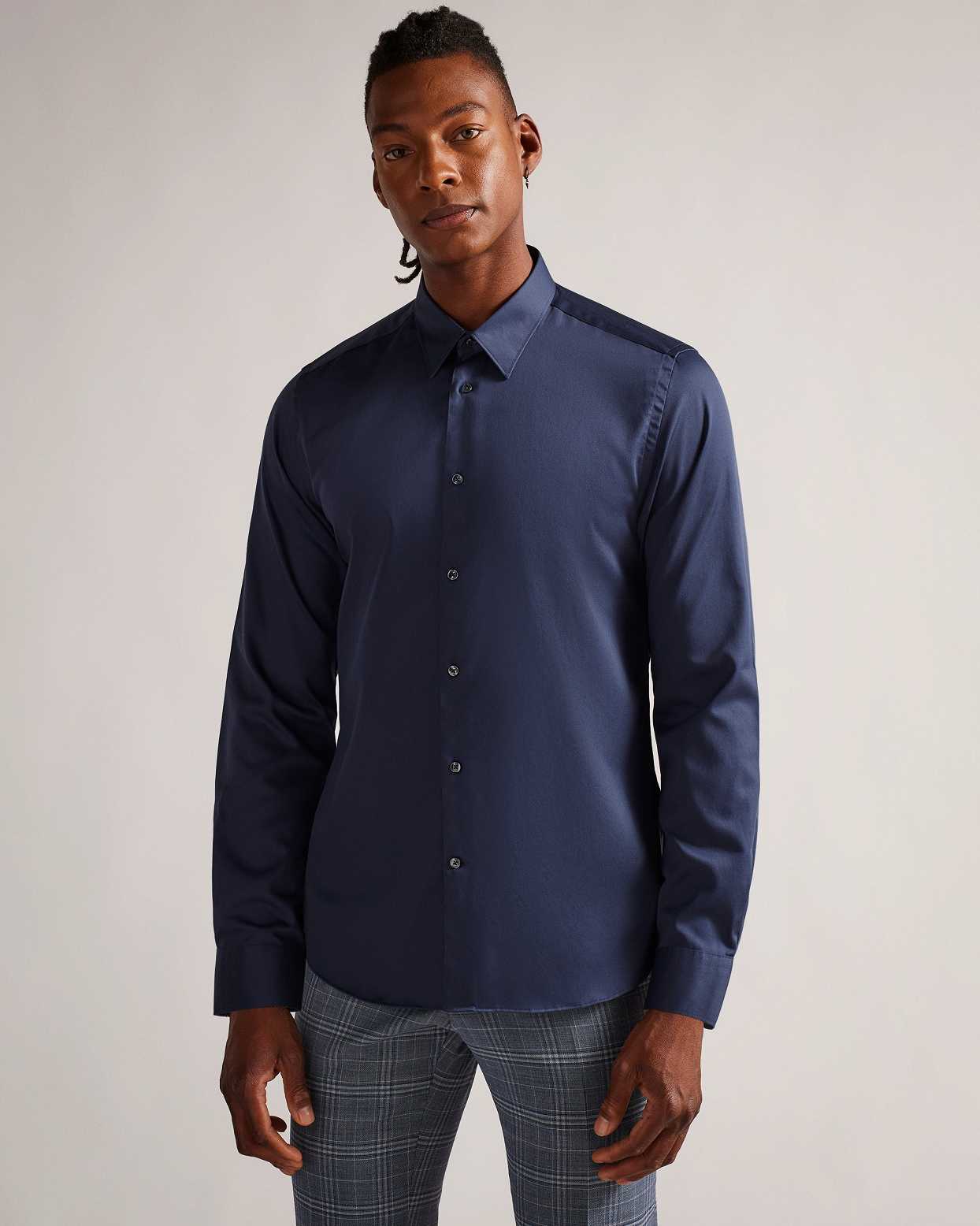 Navy Men Ted Baker Duddoss Long Sleeve Slim Fit Shirt | T-153487