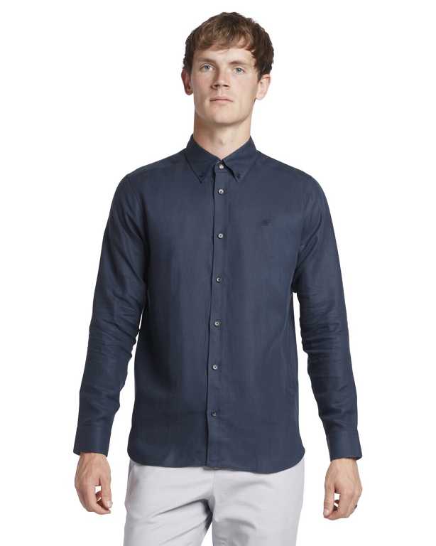 Navy Men Ted Baker Ognon Long Sleeve Cotton Lyocell Script Shirt | T-134260