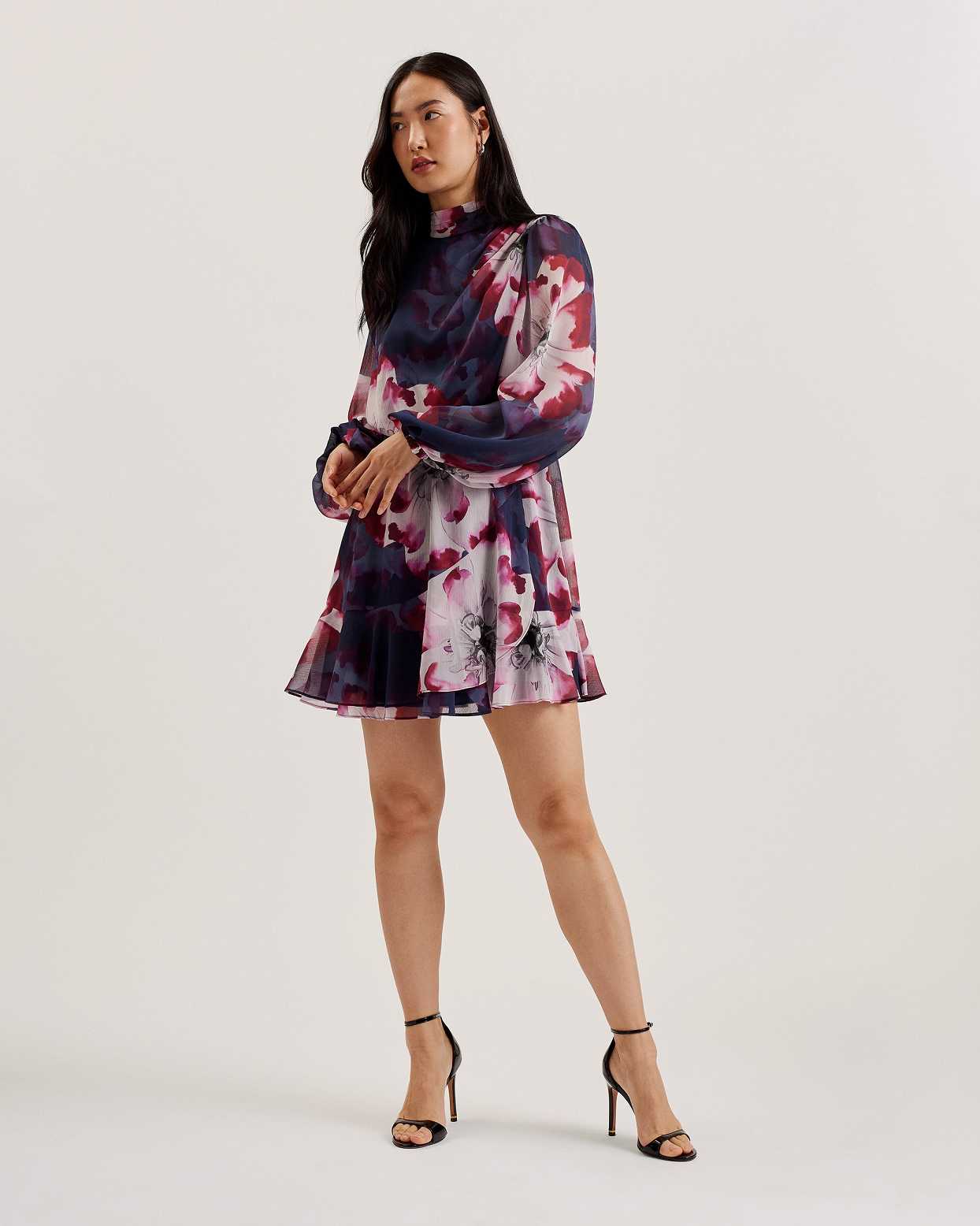 Navy Women Ted Baker Aracely Printed Long Sleeve Neck Tie Dress | T-875024