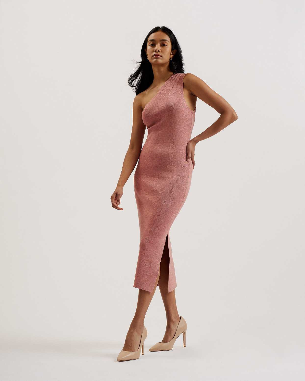 Pink Women Ted Baker Kaleyy One Shoulder Lurex Knit Dress | T-029653