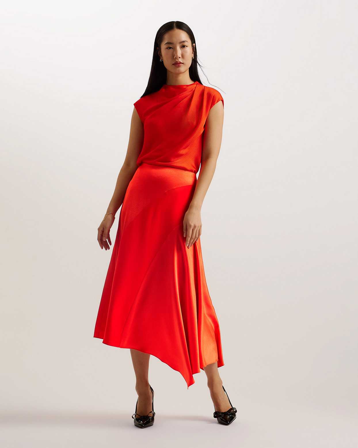 Red Women Ted Baker Bolsena Asymmetric Satin Midi Skirts | T-097815