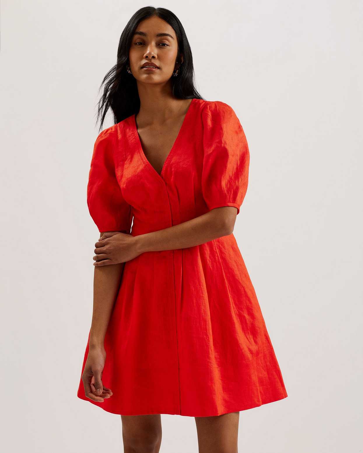 Red Women Ted Baker Koyo Linen Puff Sleeve Dress | T-853601