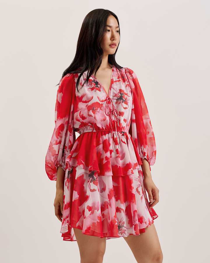 Red Women Ted Baker Leyna Printed Tie Front Long Sleeve Dress | T-348261