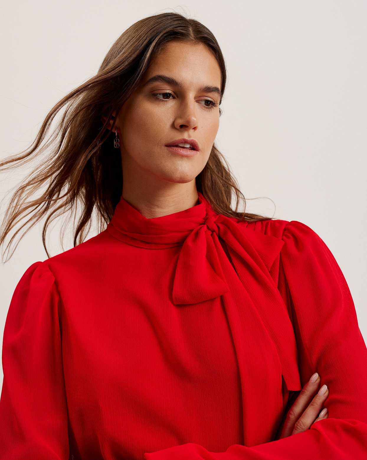 Red Women Ted Baker Zebrina Neck Tie Detail Long Sleeve Dress | T-193408