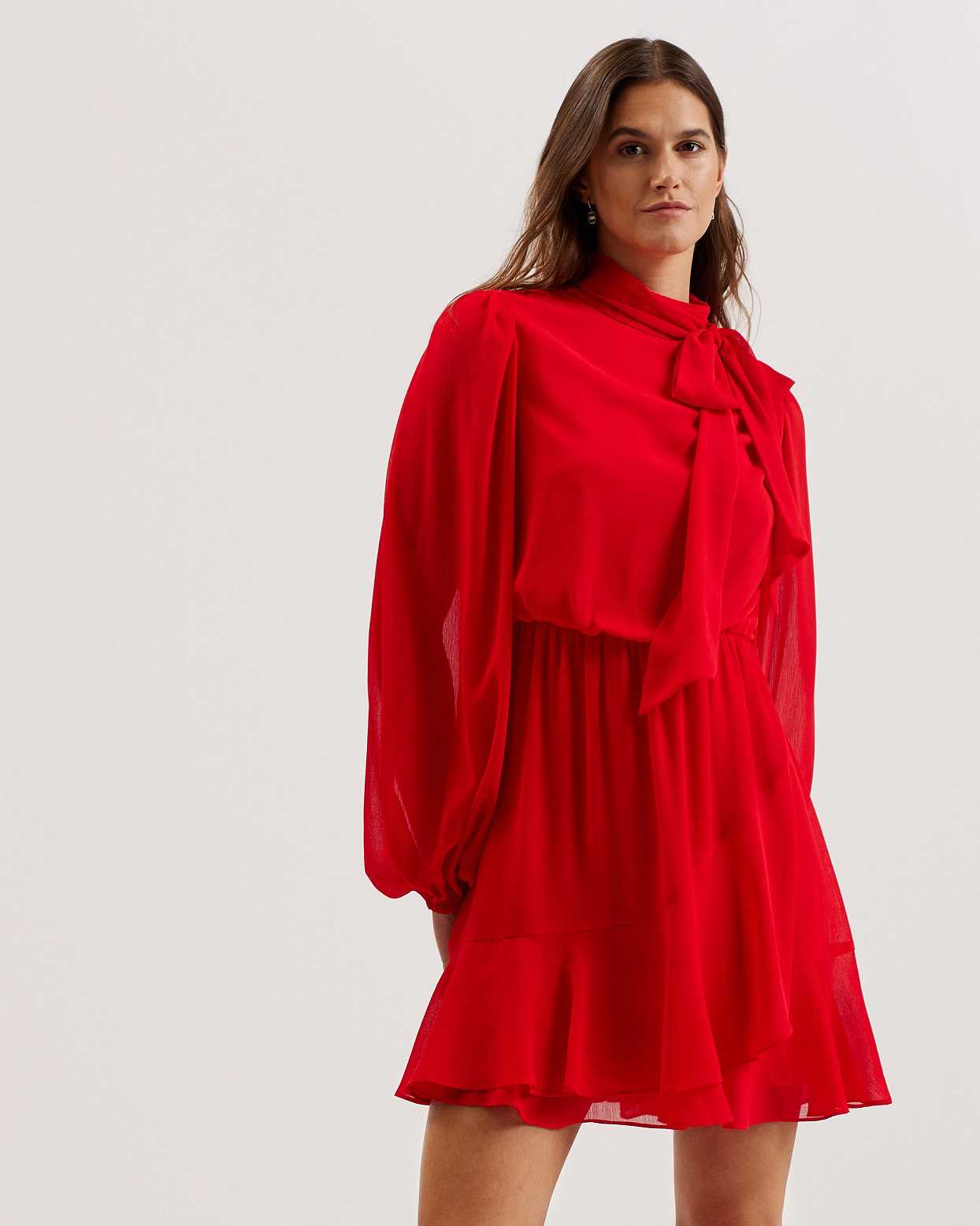 Red Women Ted Baker Zebrina Neck Tie Detail Long Sleeve Dress | T-193408