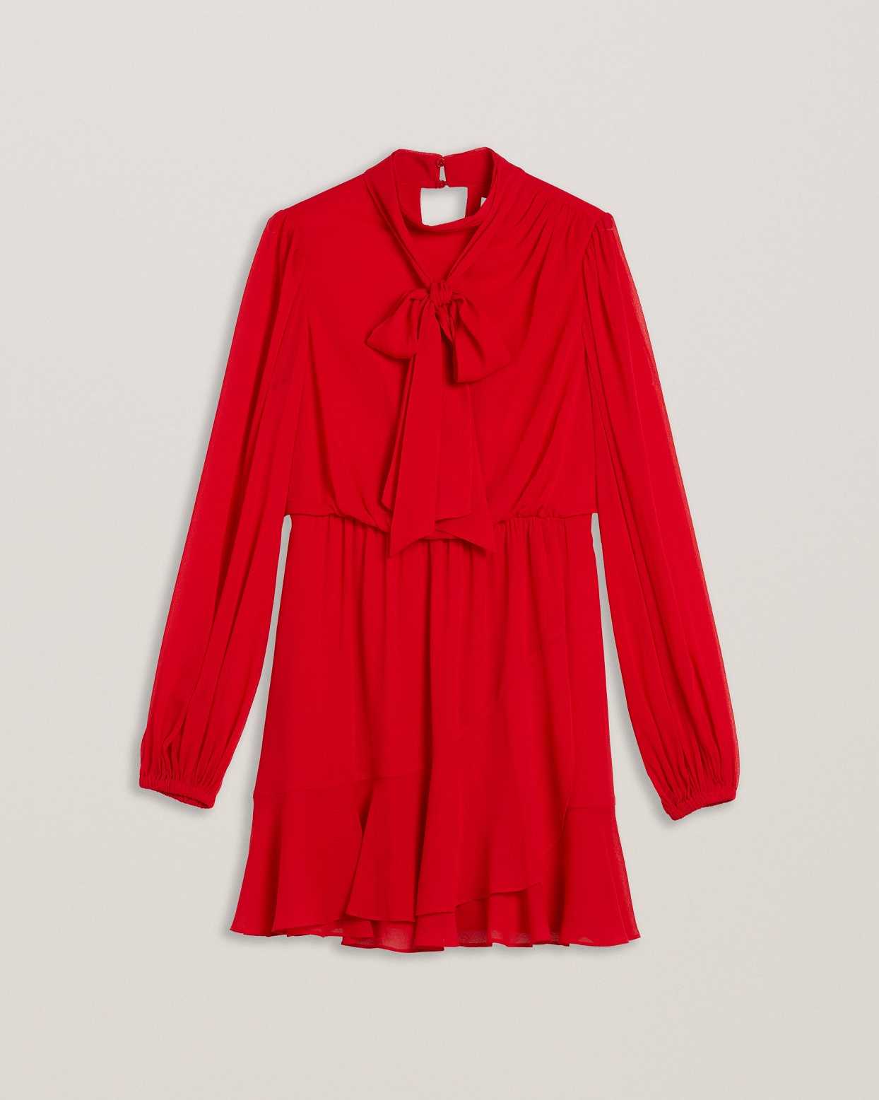 Red Women Ted Baker Zebrina Neck Tie Detail Long Sleeve Dress | T-193408