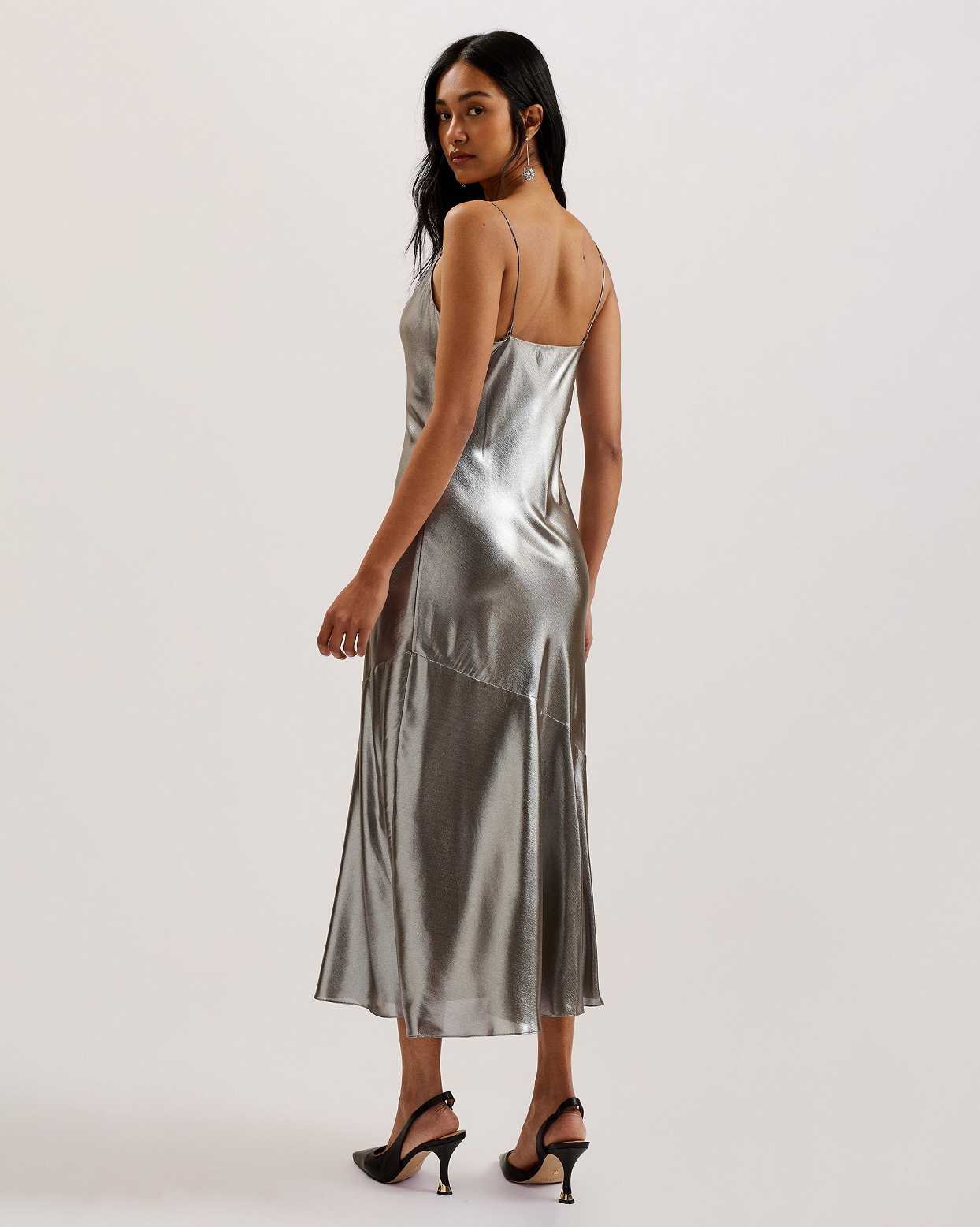 Silver Women Ted Baker Limern Cowl Neck Bias Cut Lurex Dress | T-345706