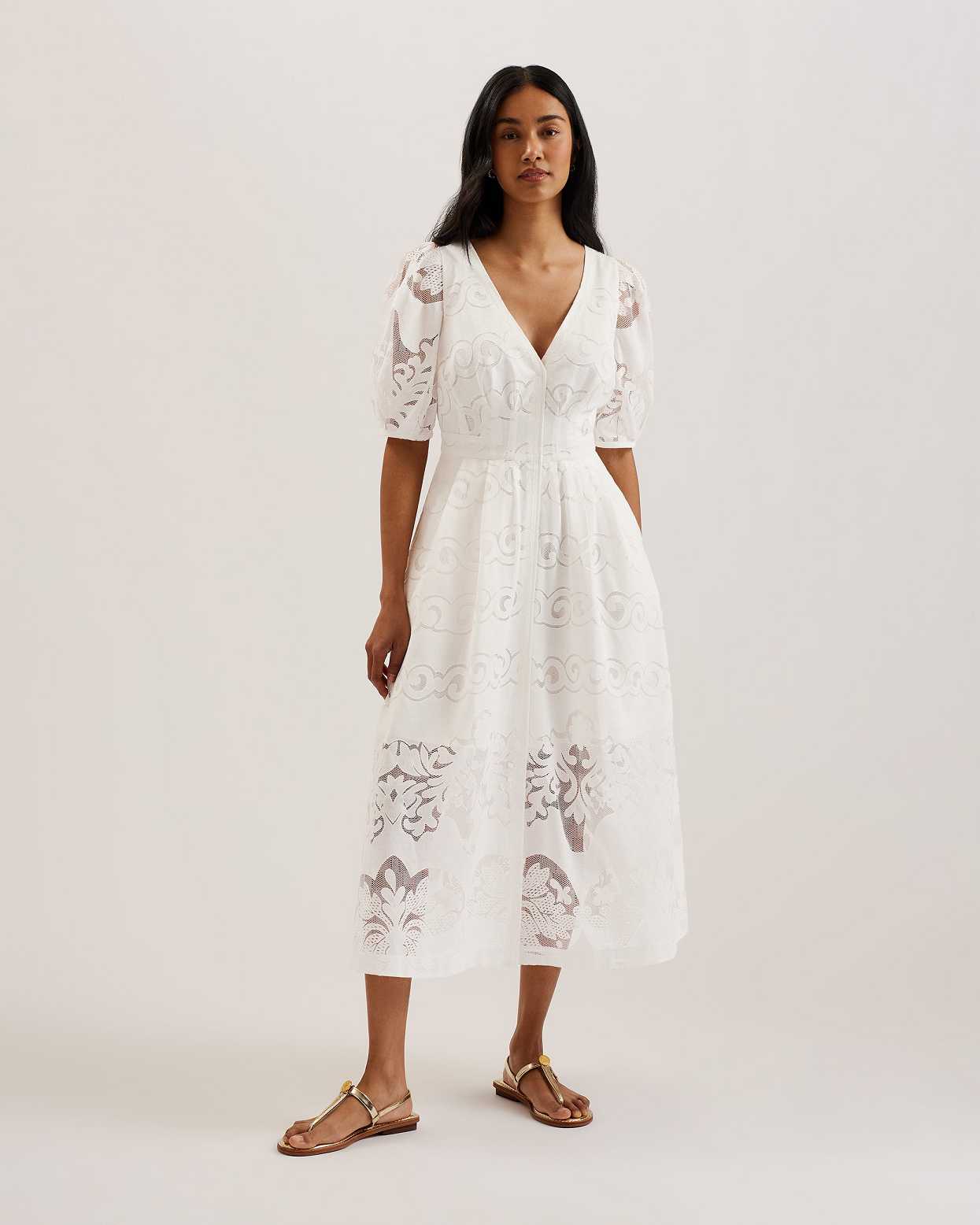 White Women Ted Baker Agnel Lace Puff Sleeve Dress | T-241358