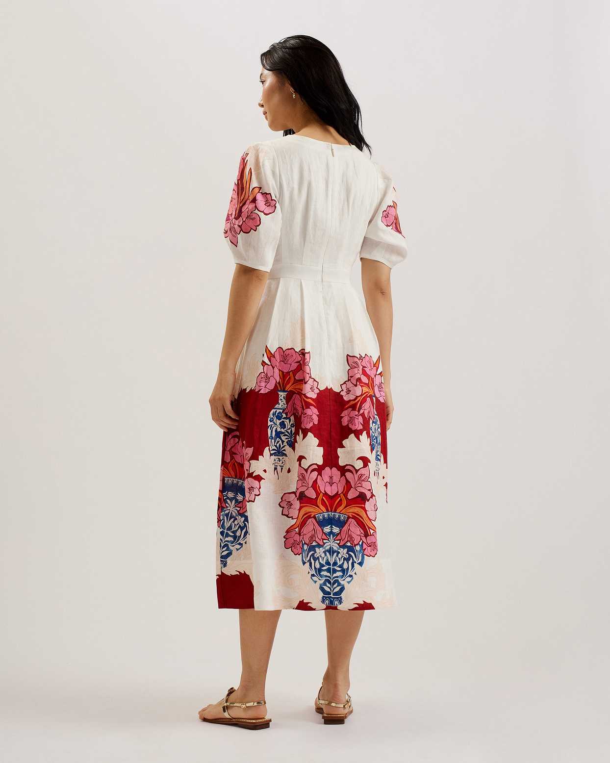 White Women Ted Baker Happa Linen Printed Puff Sleeve Dress | T-057432