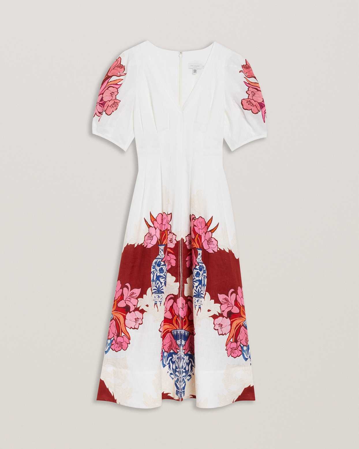 White Women Ted Baker Happa Linen Printed Puff Sleeve Dress | T-057432